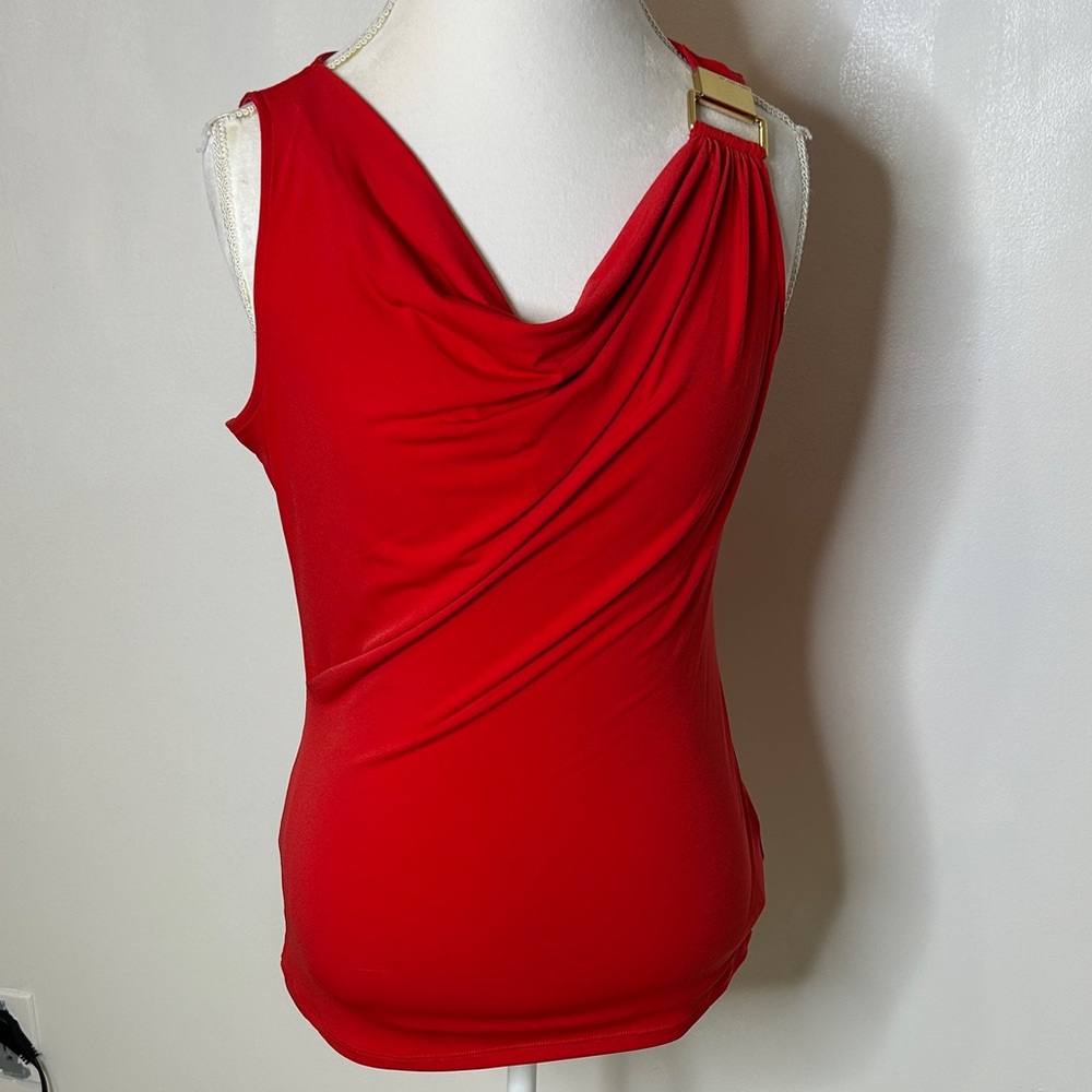 Michael Kors Red Drape Blouse with Gold Accent Sz Med